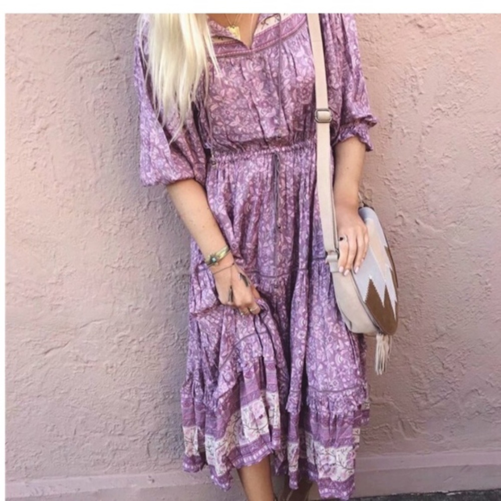boho gypsy Purple floral print midi dress Ruffle
